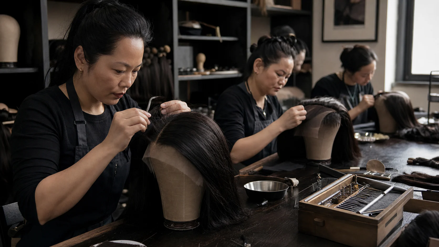Skilled artisans hand-finishing custom human hair lace wigs in a small-batch atelier