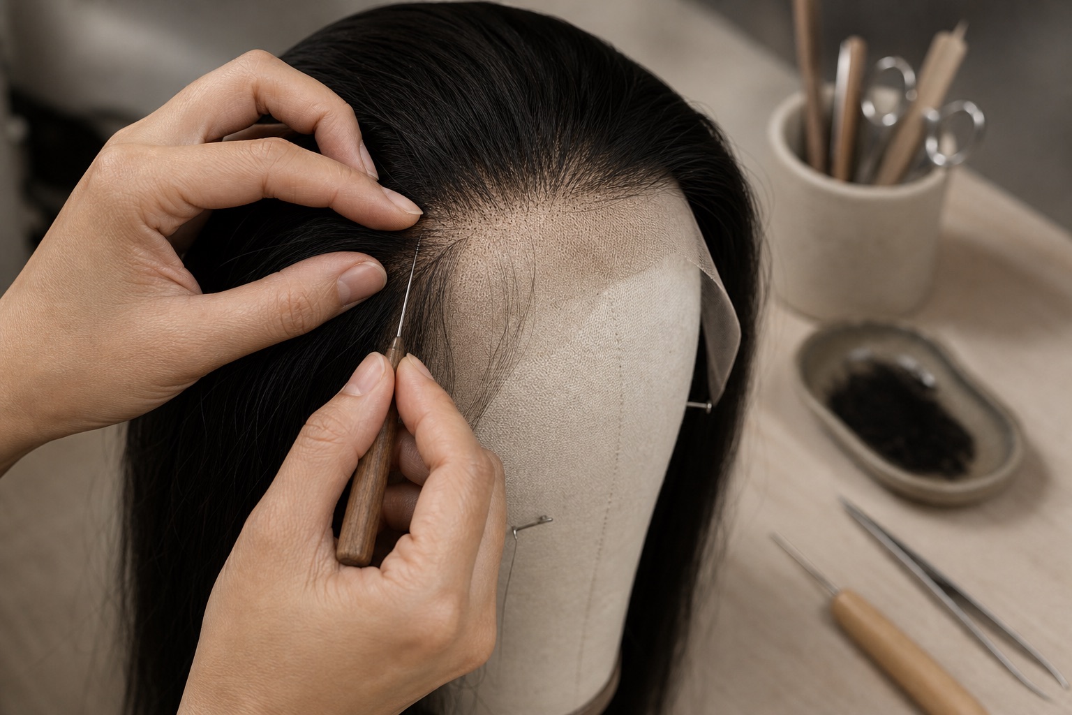 Illustrative hand-knotting process for a lace wig