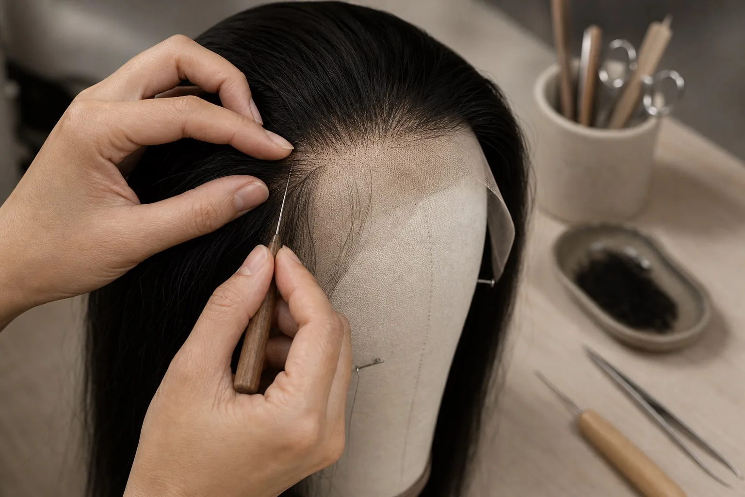 Hand-knotting process visualization for a custom human hair wig