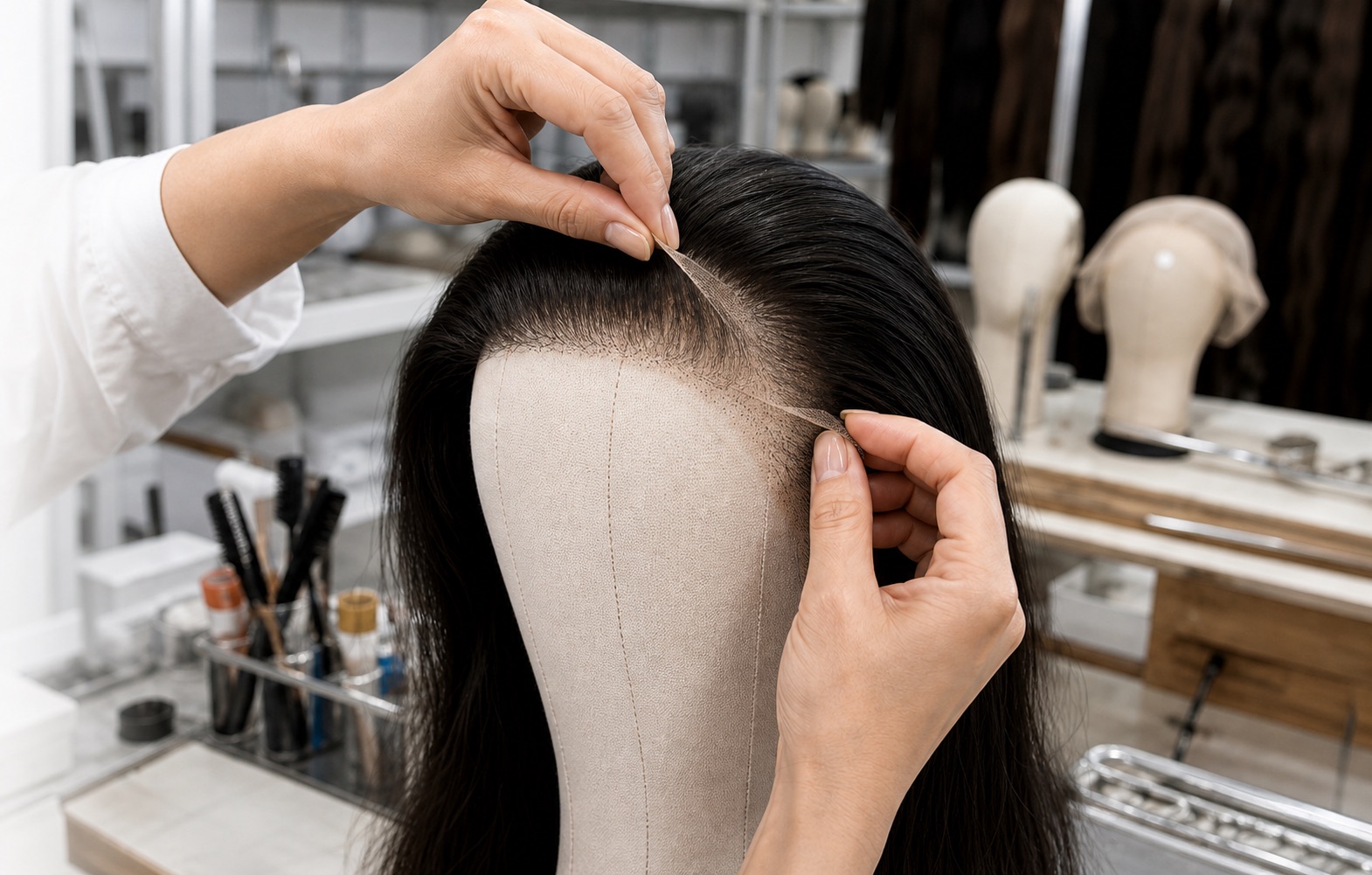 Illustrative view of lace hairline inspection for a custom human hair wig