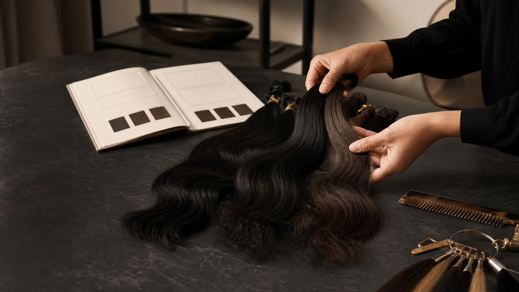 Premium human hair bundles being compared for color, texture and project matching