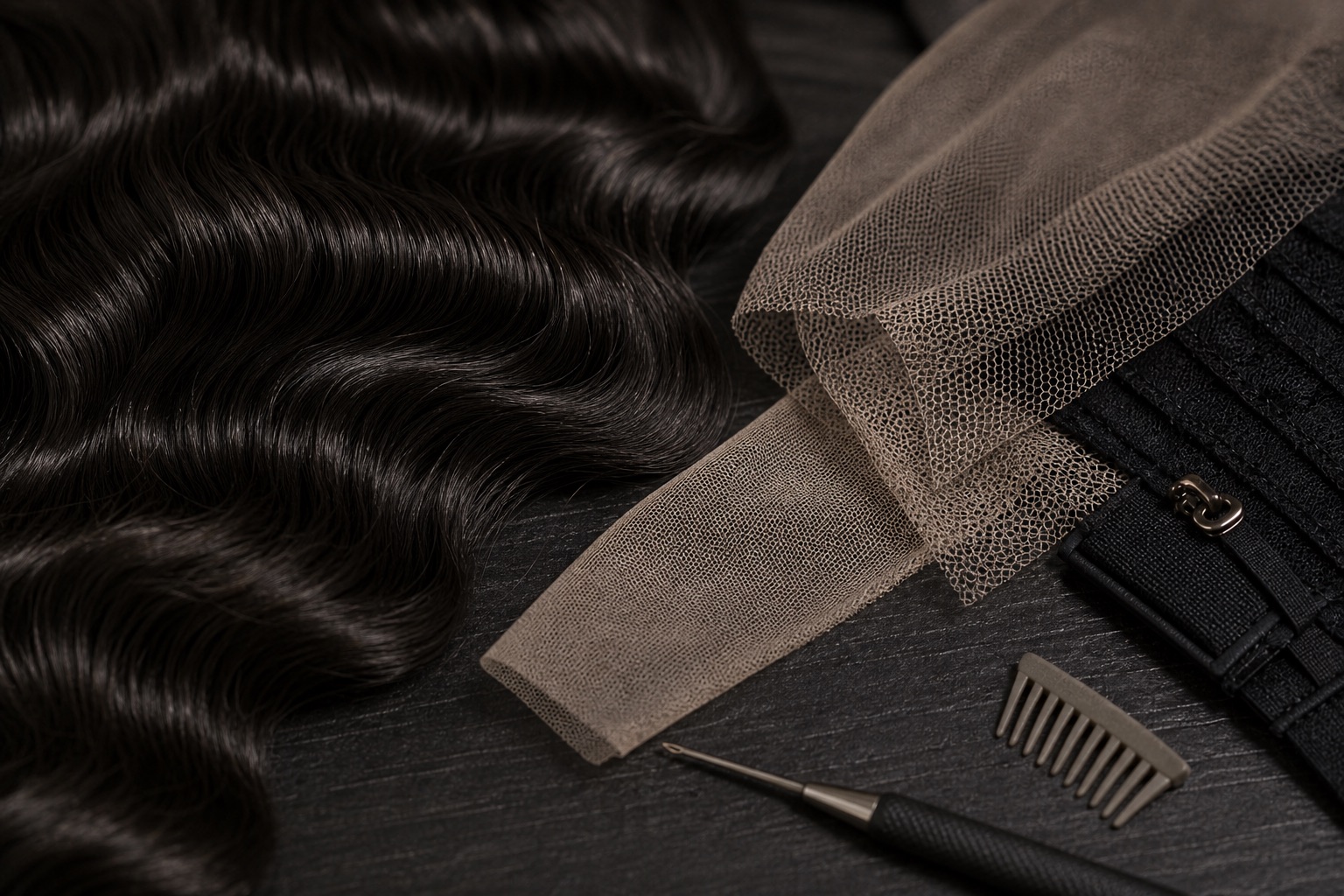 Illustrative human hair, lace and cap materials