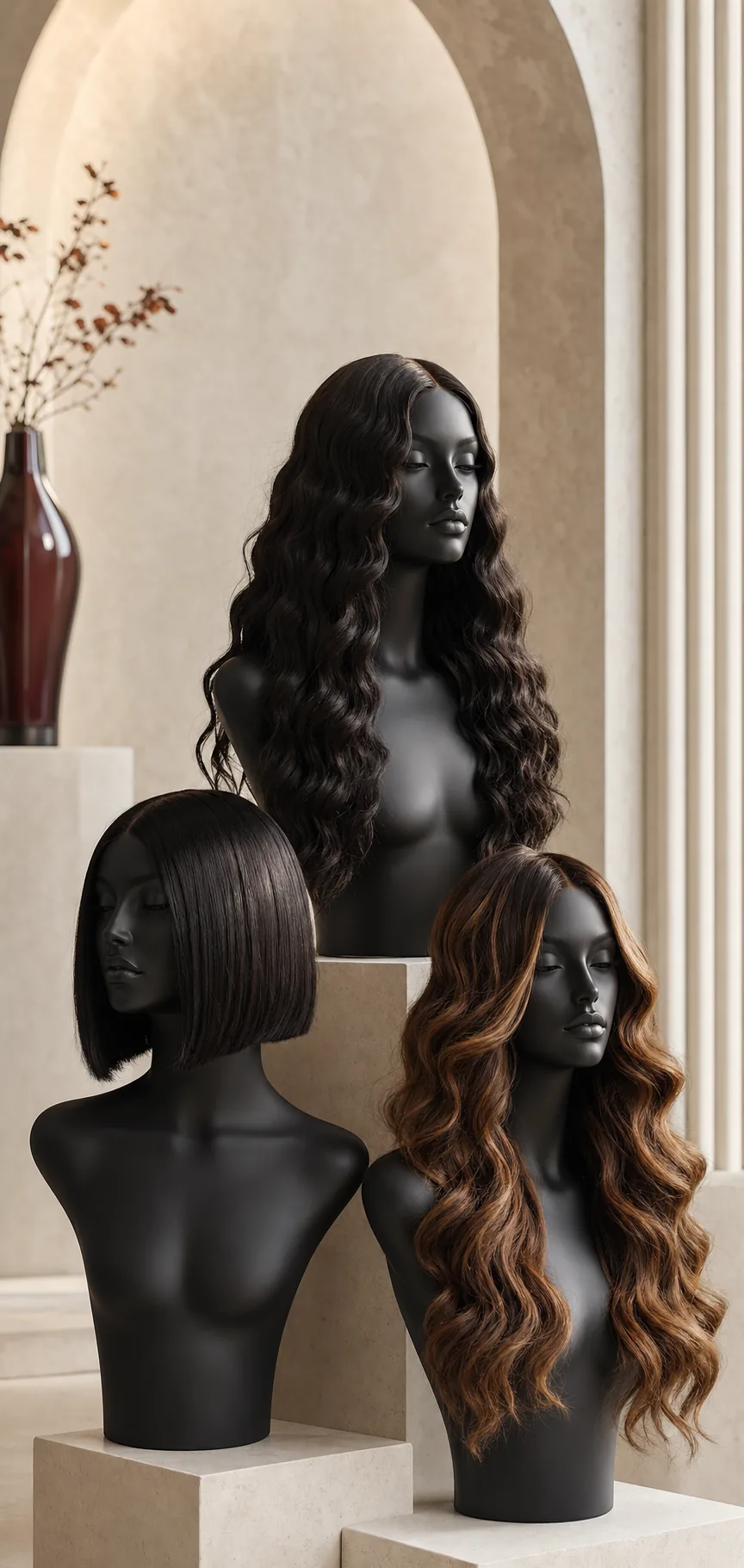 Three premium 100% human hair wig styles displayed on black mannequin heads