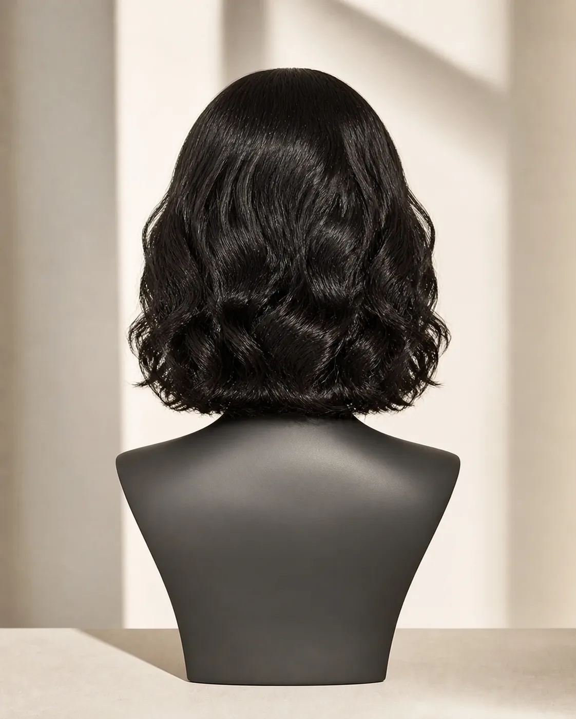 AI-assisted strict back development view of a natural-black body-wave human hair bob wig