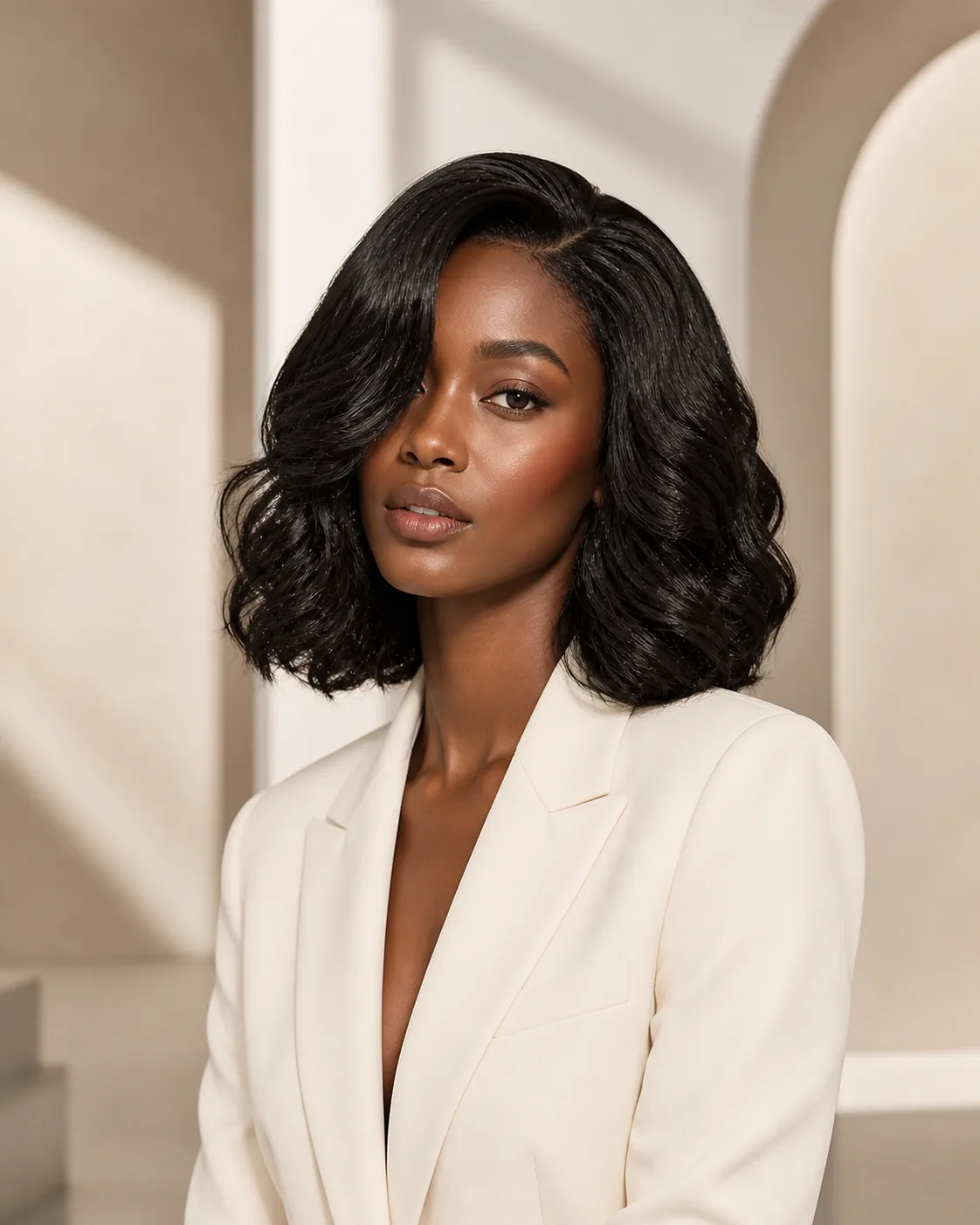AI-assisted wearing and proportion view of an adult Black woman with a natural-black body-wave bob wig direction