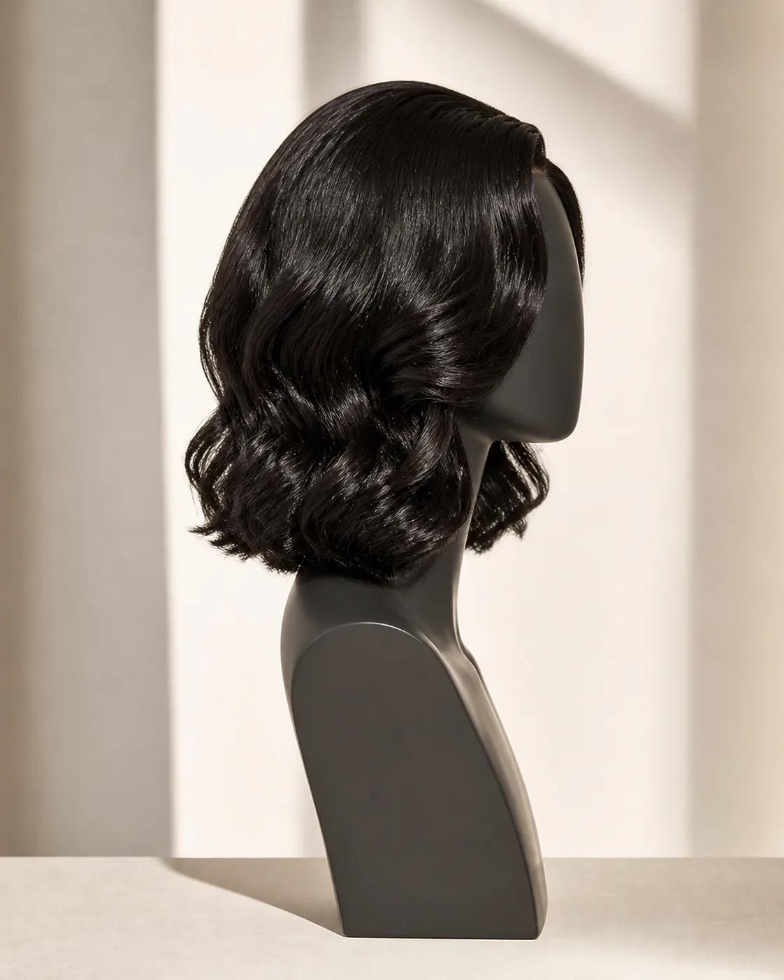 AI-assisted strict side development view of a natural-black body-wave human hair bob wig
