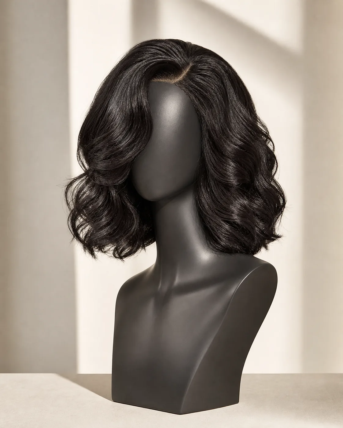 Shoulder-length human hair bob wig on a black mannequin head