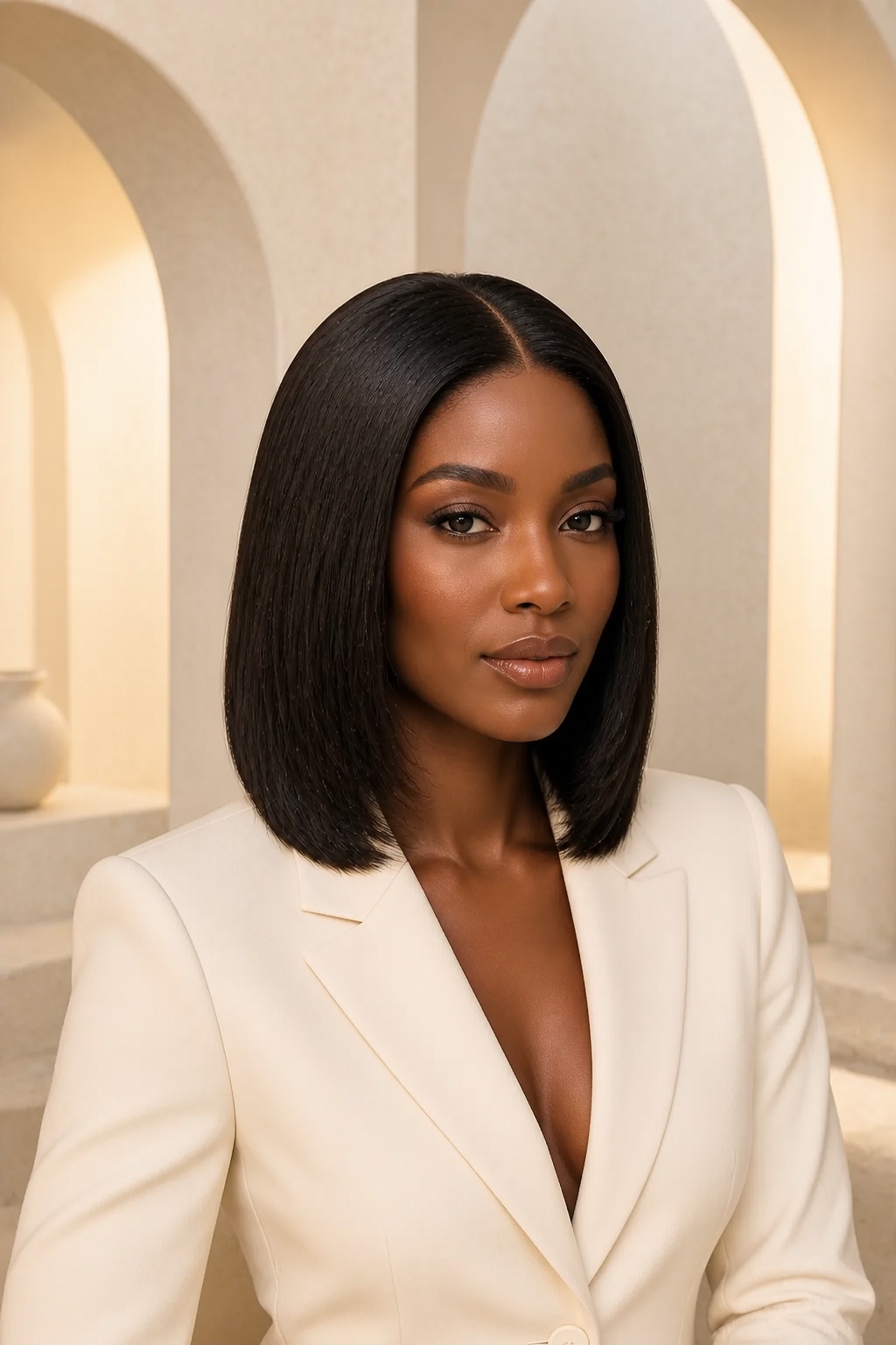AI-assisted wearing and proportion view of an adult Black woman with a natural-black center-part closure wig direction