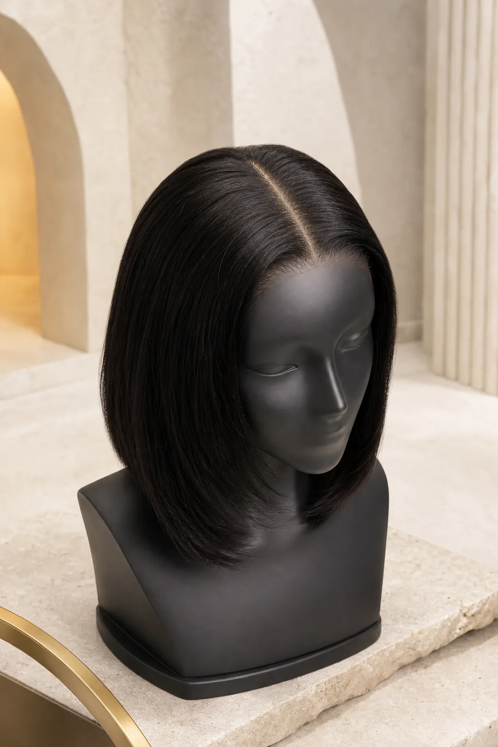 Center-part closure human hair wig on a black mannequin head