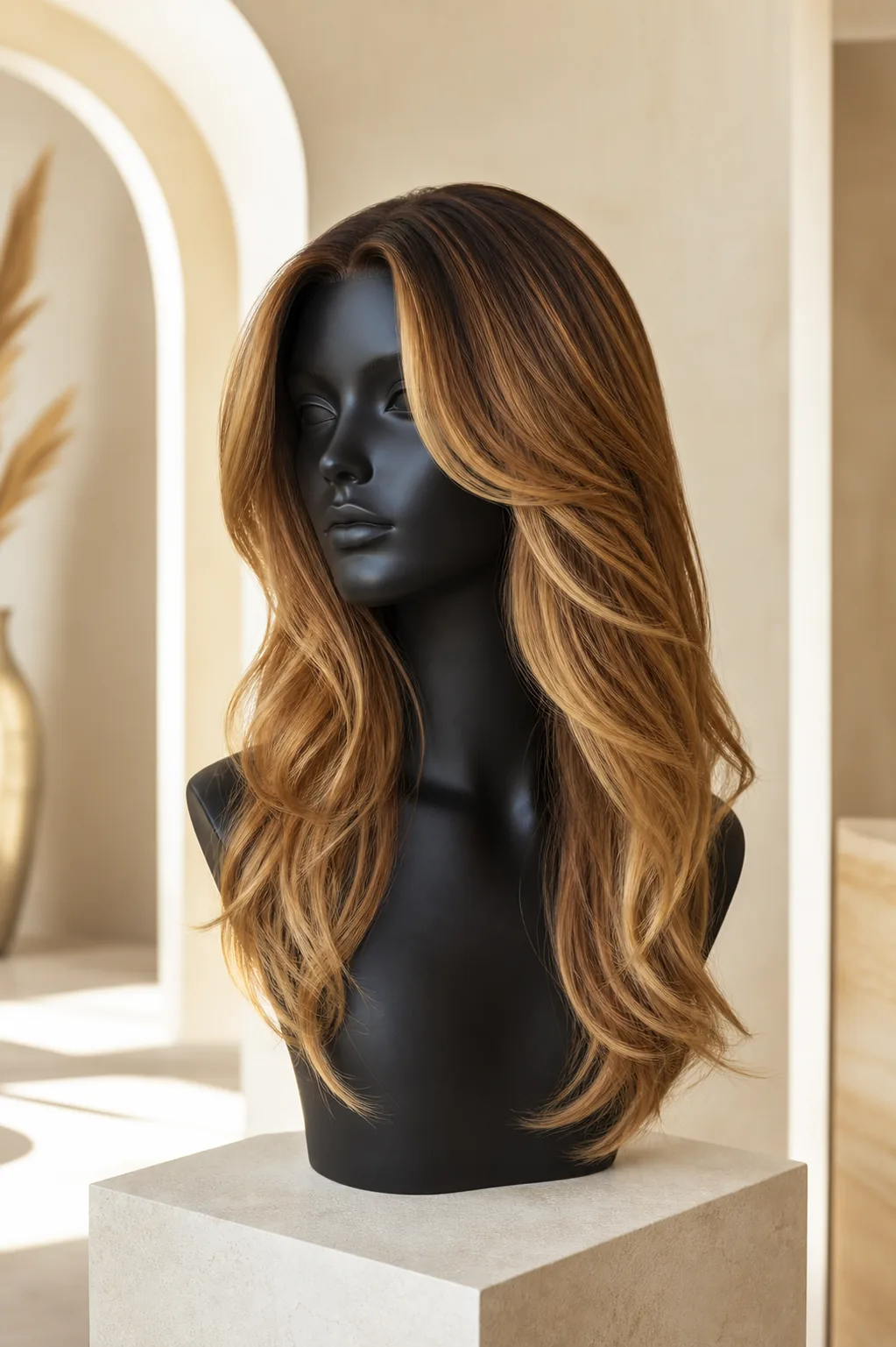Copper and honey balayage custom color human hair wig on a black mannequin head