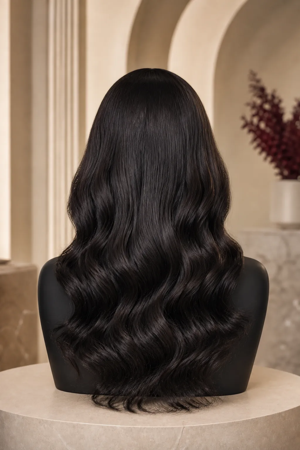 AI-assisted strict rear-view development direction for a natural-black long body-wave frontal wig brief on a black mannequin