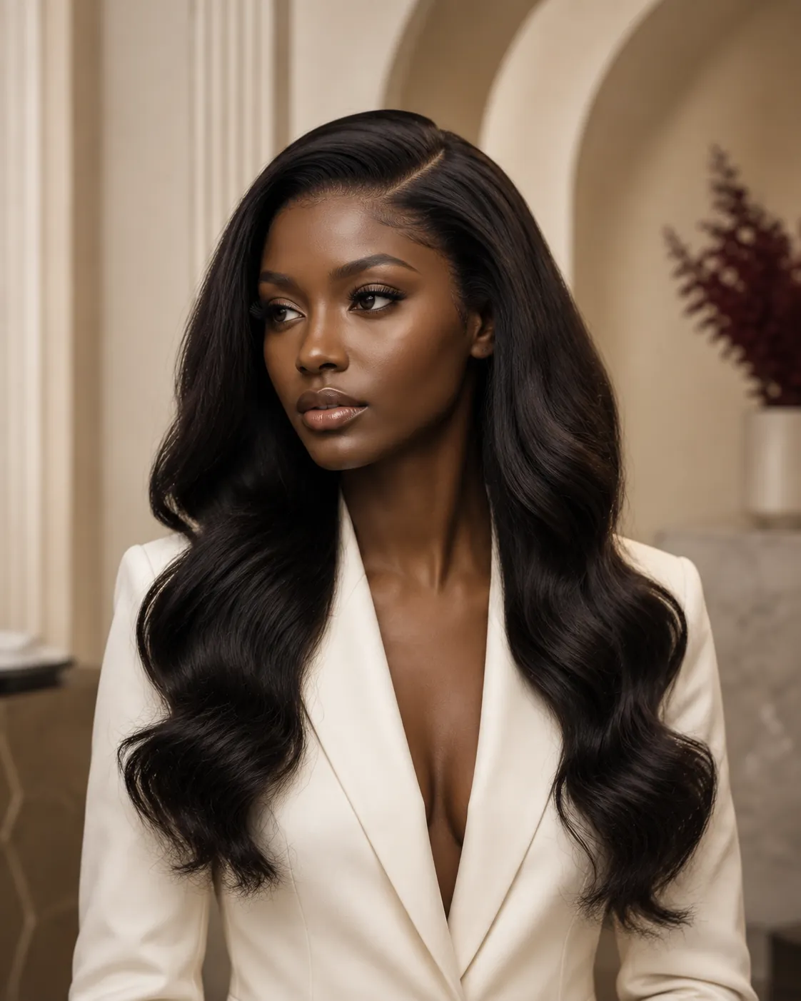 AI-assisted adult-model wearing and proportion direction for a natural-black long body-wave frontal wig brief