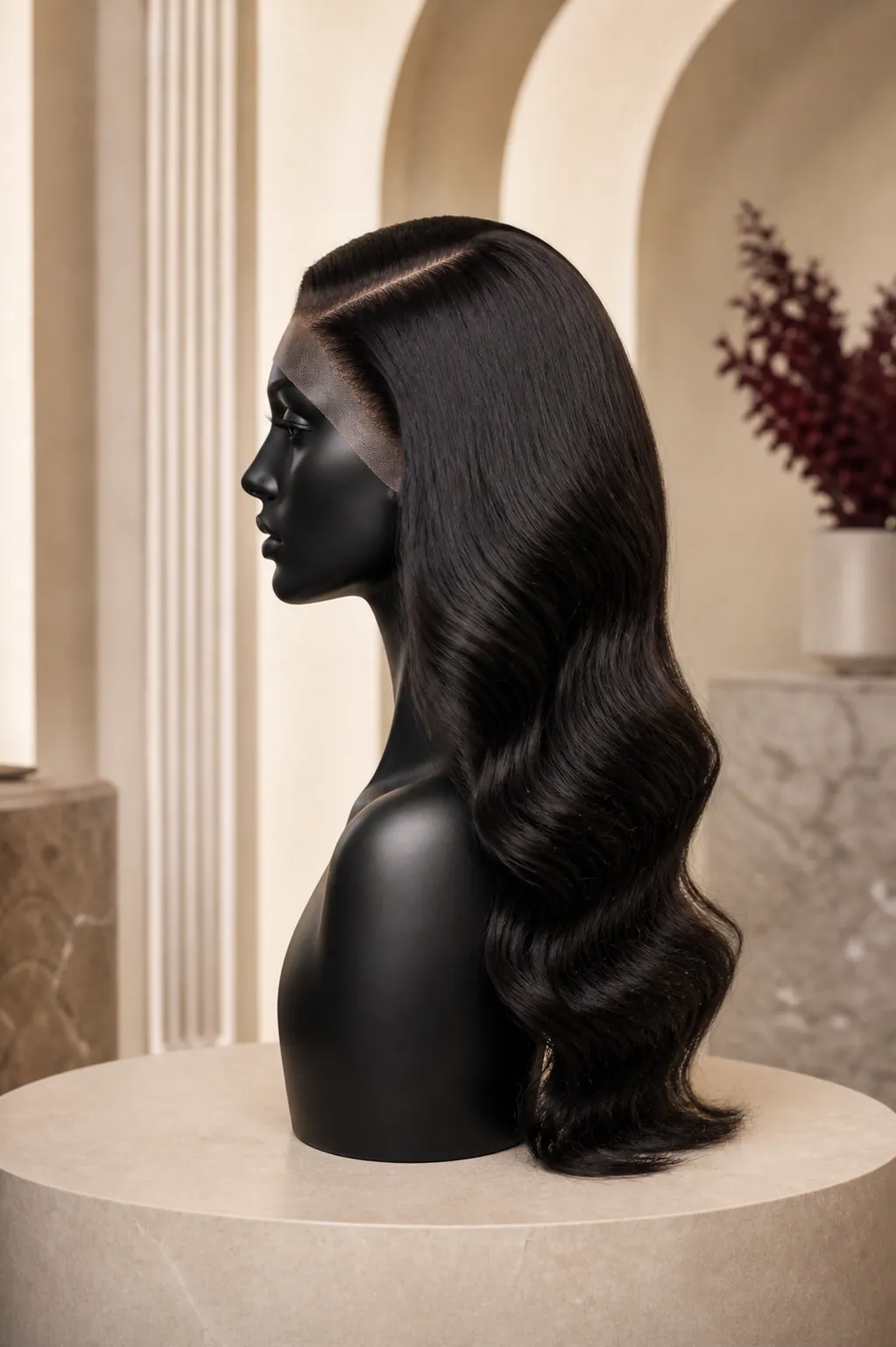 AI-assisted strict side-profile development direction for a natural-black long body-wave frontal wig brief on a black mannequin