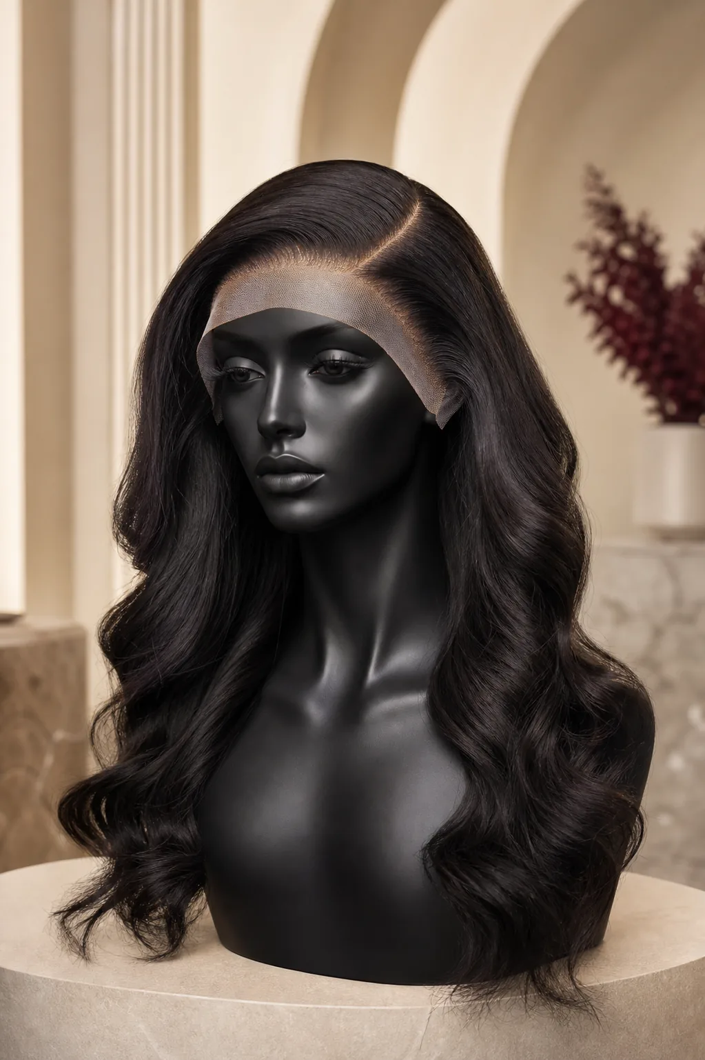 Deep side-part frontal human hair wig on a black mannequin head