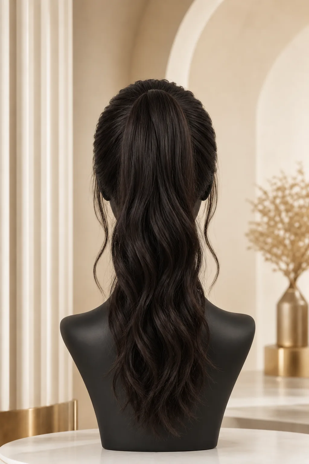 AI-assisted strict rear-view development direction for a natural-black full-lace wig high-ponytail brief on a black mannequin