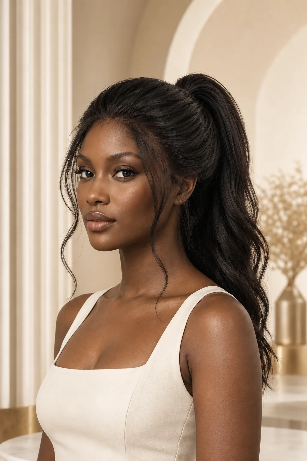 AI-assisted adult-model wearing and proportion direction for a natural-black full-lace wig high-ponytail brief