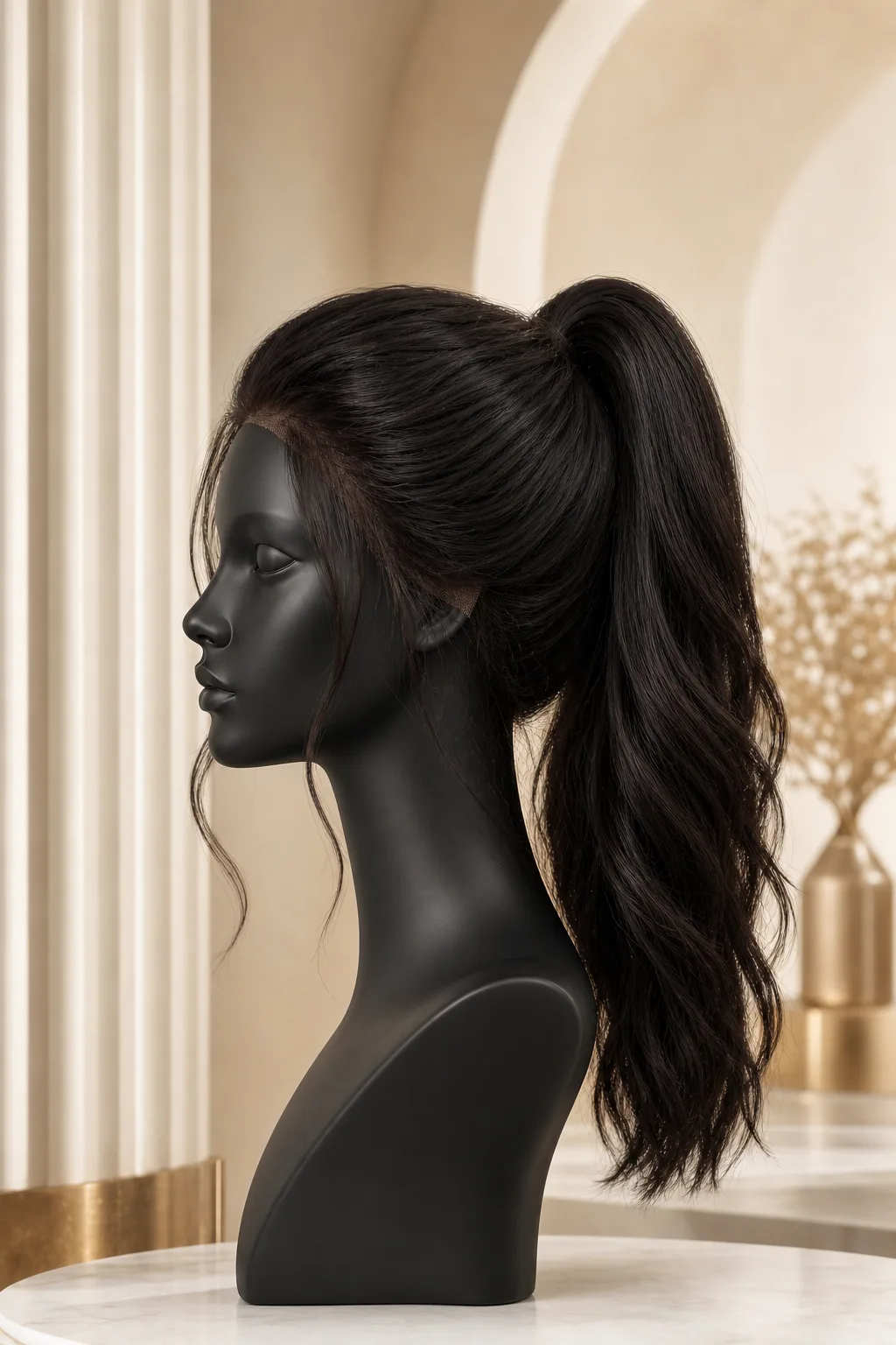 AI-assisted strict side-profile development direction for a natural-black full-lace wig high-ponytail brief on a black mannequin