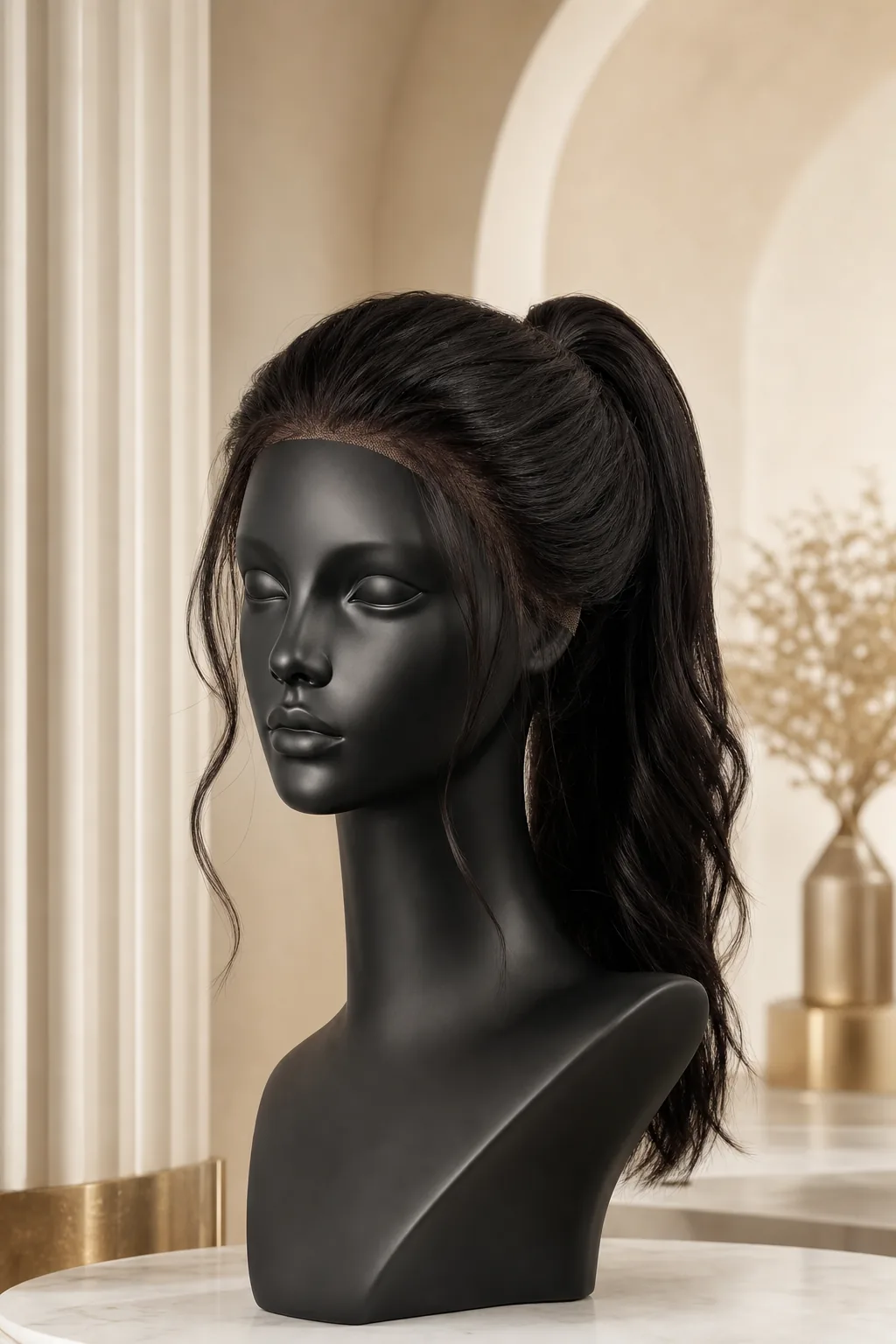 Full lace human hair wig in a high ponytail on a black mannequin head
