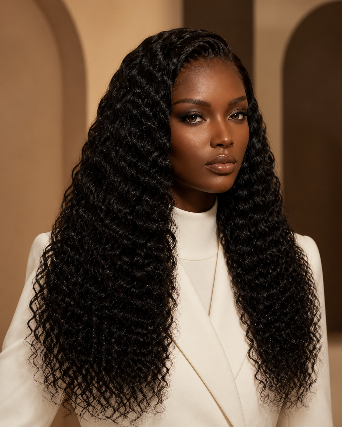Adult model wearing a long natural-black deep-wave glueless human hair wig design direction