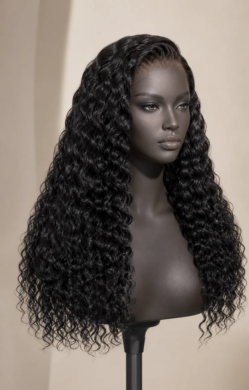 Deep-wave glueless human hair wig on a black mannequin head