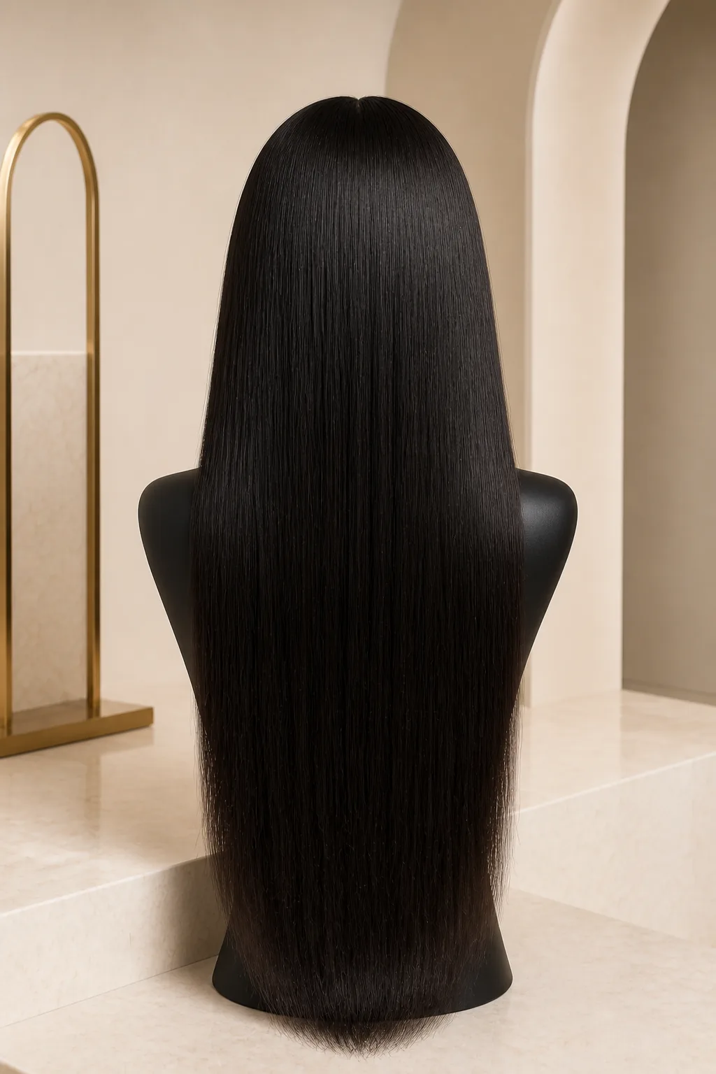 AI-assisted strict back development view of a long natural-black straight HD lace wig direction