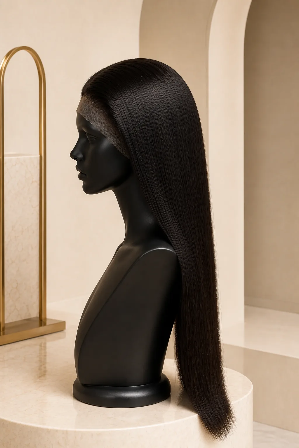 AI-assisted strict side development view of a long natural-black straight HD lace wig direction