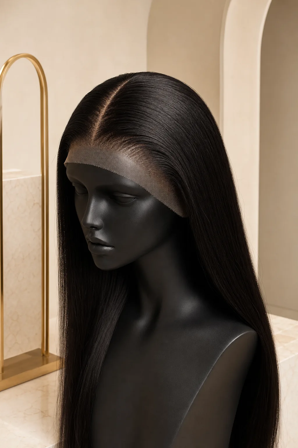 HD lace human hair wig with a fine center part on a black mannequin head