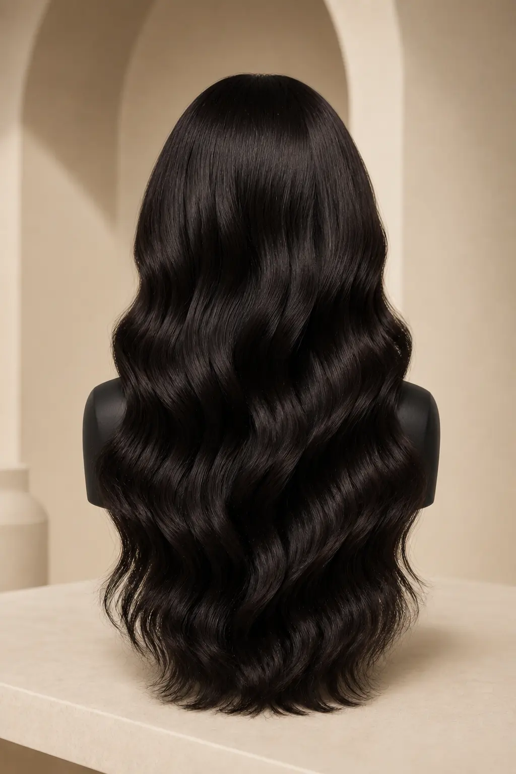 AI-assisted strict rear-view development direction for a long dark espresso body-wave lace-front wig brief on a black mannequin