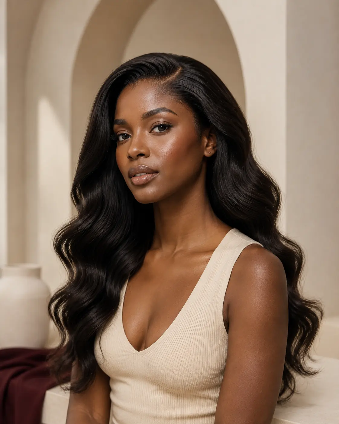 AI-assisted adult-model wearing and proportion direction for a long dark espresso body-wave lace-front wig brief