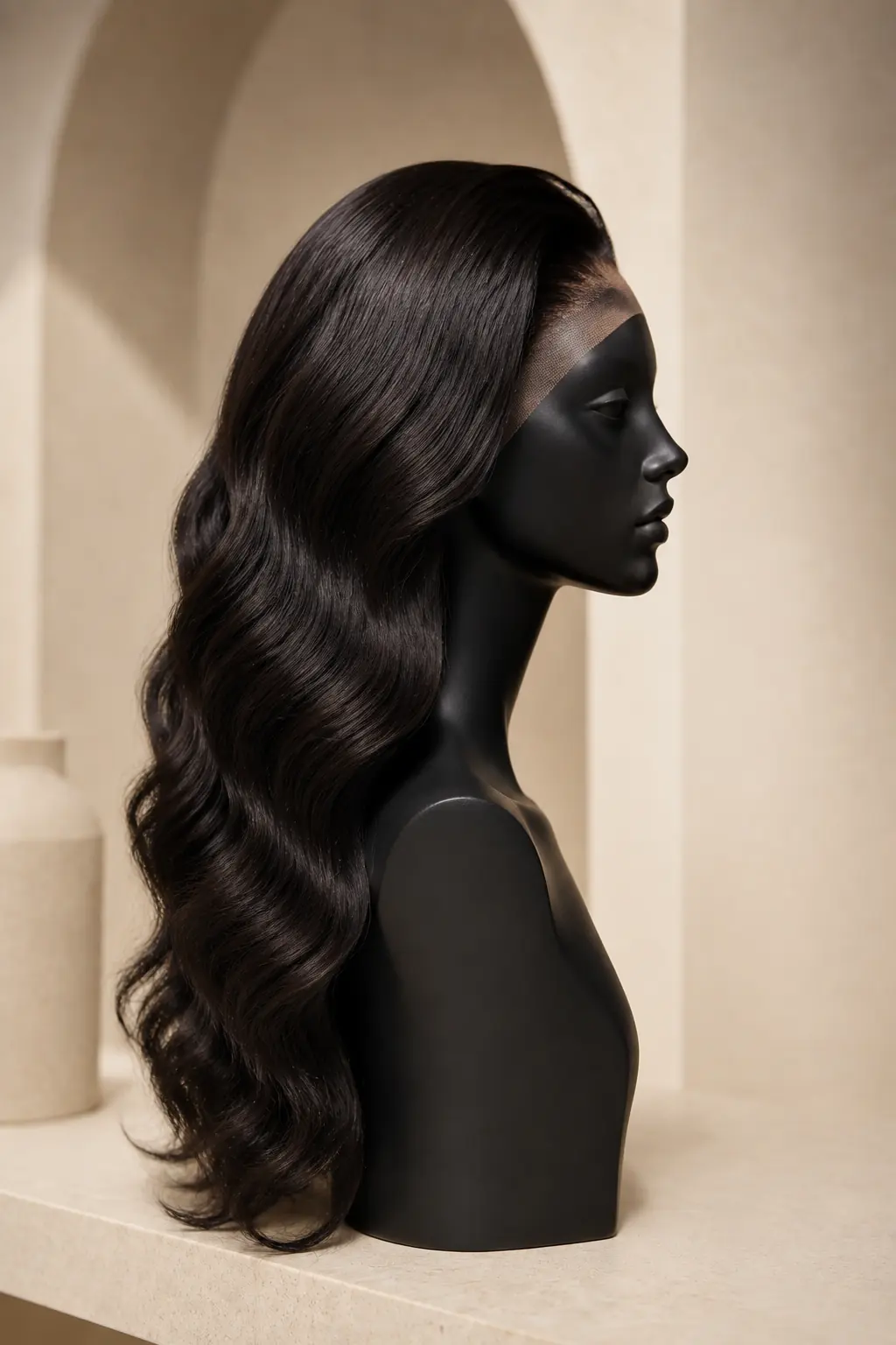 AI-assisted strict side-profile development direction for a long dark espresso body-wave lace-front wig brief on a black mannequin