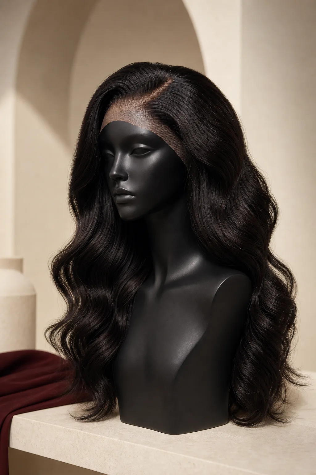 Espresso body-wave lace front human hair wig on a black mannequin head