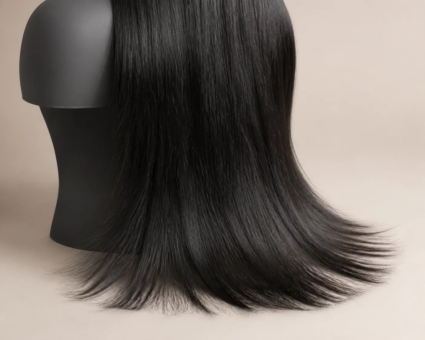 AI-assisted close development view of the lower lengths and ends of a natural-black straight wig