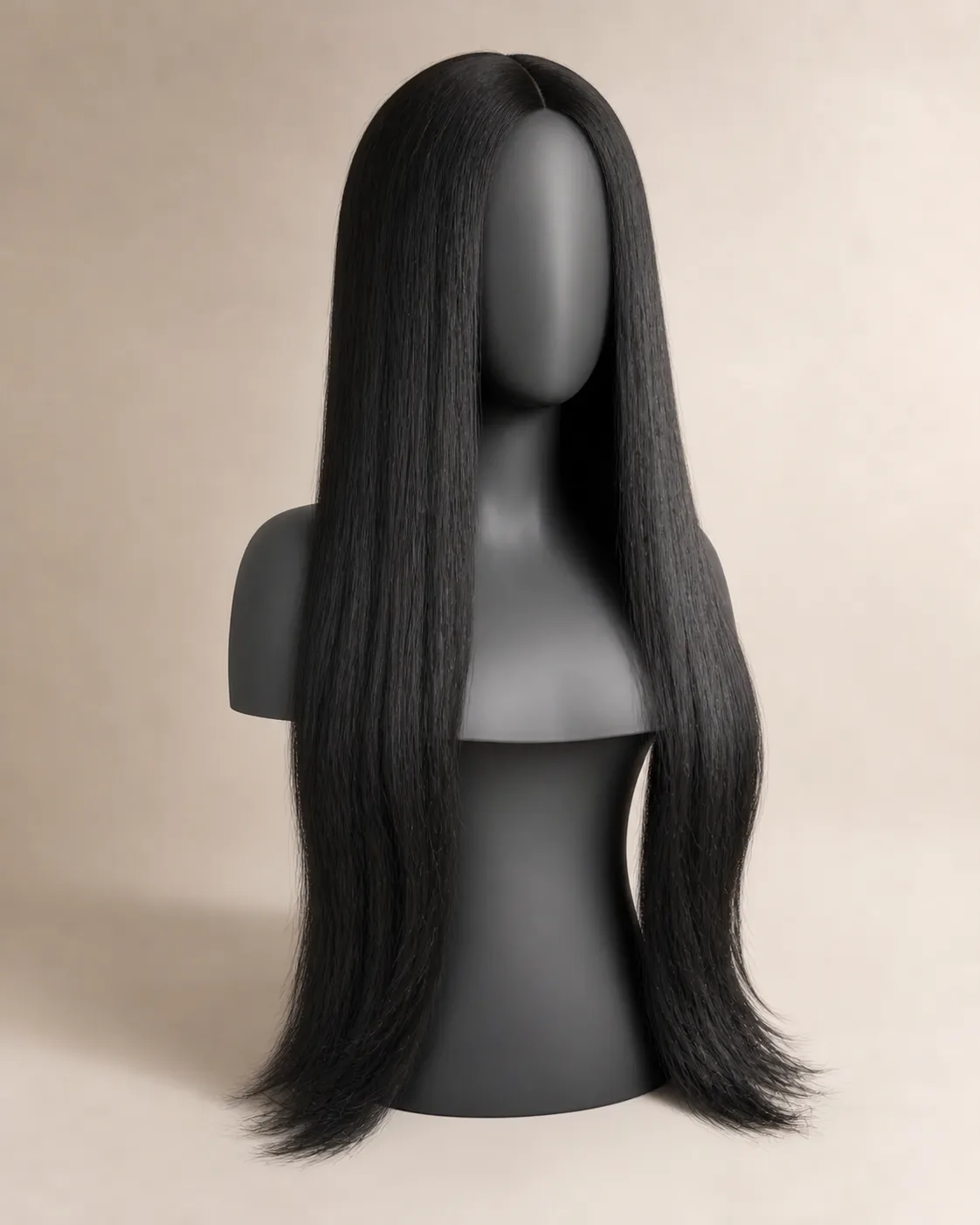 AI-assisted front-view development direction for a very long natural-black straight human hair wig