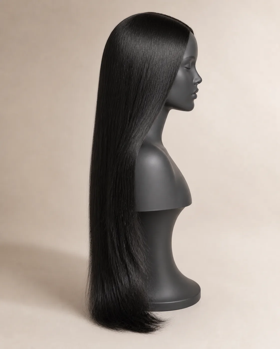 AI-assisted side development view of a very long natural-black straight human hair wig